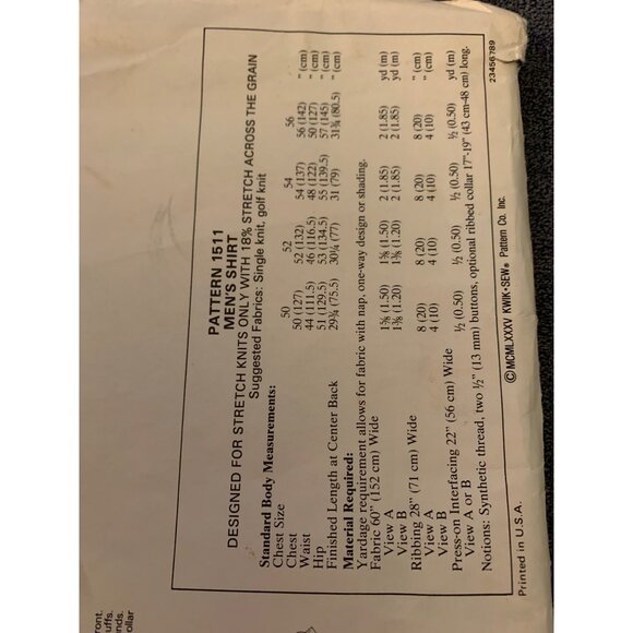 Kwik Sew Pattern 1511 King Size Mens Shirt Chest Sizes 50-56 Stretch Knit Sewing - Picture 4 of 4